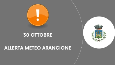 sfondo grigio, punto esclamativo arancione, scritta allerta meteo arancione 30 ottobre, logo comune gavorrano