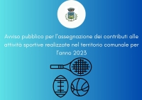 sfondo blu, logo comune dentro cerchio bianco, dicitura Avviso pubblico per l’assegnazione dei contributi alle attività sportive realizzate nel territorio comunale per l’anno 2023